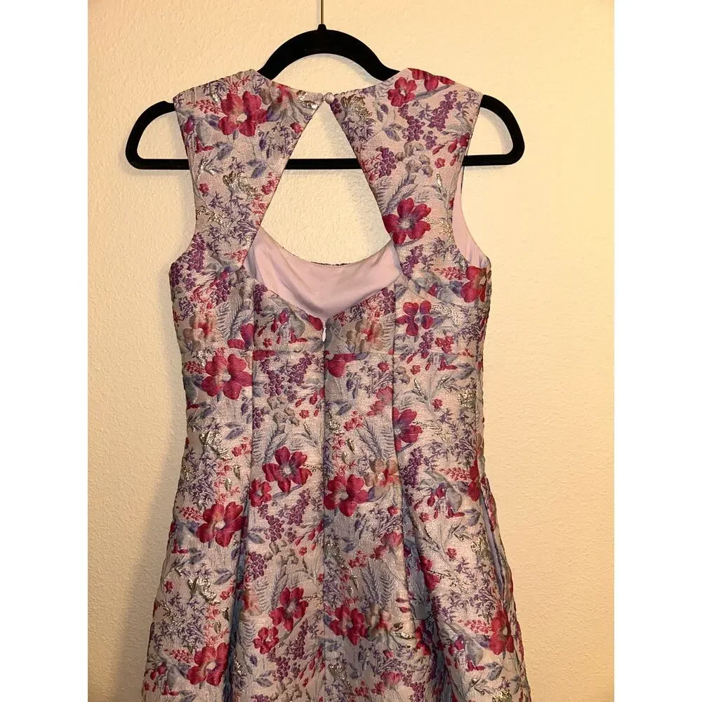 Aidan Mattox Floral Jacquard Dress 2 Pink Lilac Metallic Fit Flare Pockets Prom - Picture 11 of 13